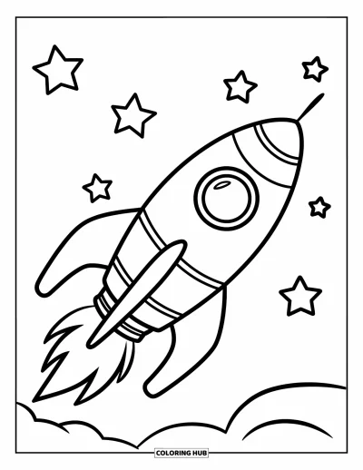 Rocket Coloring Page for Kids: A spaceship with three fins and a flame, gliding through a starry sky
