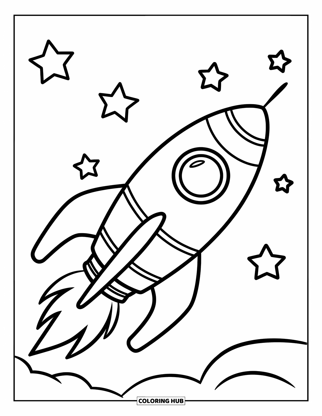 Rocket Coloring Page for Kids: A spaceship with three fins and a flame, gliding through a starry sky