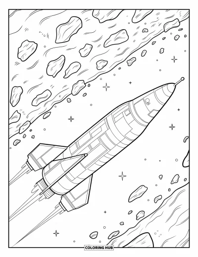 Rocket Coloring Page for Kids: A streamlined rocket dodging large craters and jagged asteroids in space