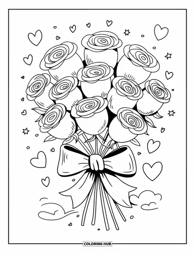Rose Coloring Page for Adults: A balloon bouquet of roses drifting in the sky, decorated with small hearts and stars