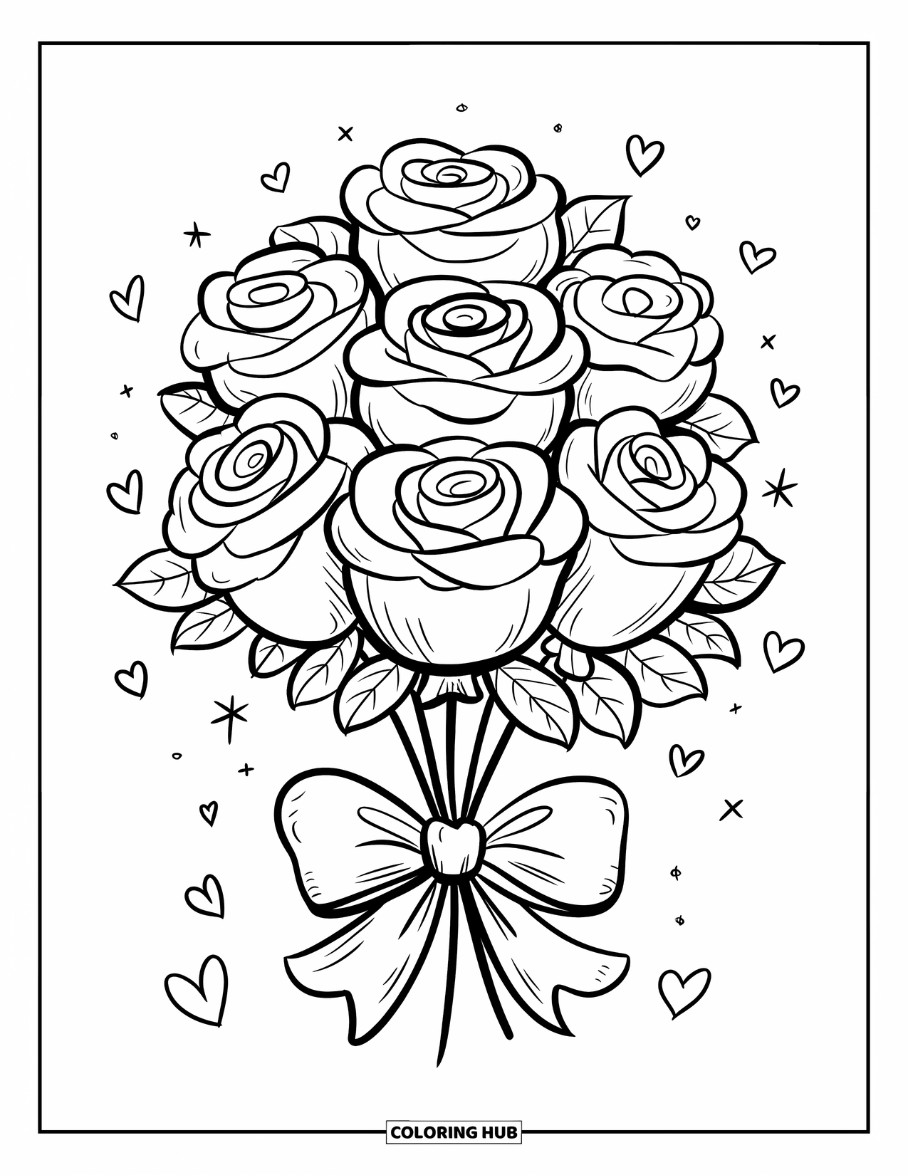 Desenho de rosa para colorir para adultos: Um buquê de balões de rosas voando no céu, embrulhado em uma fita divertida