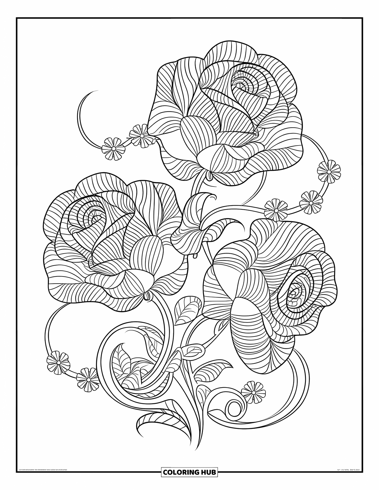Desenho de rosa para colorir para adultos: Uma rosa lindamente detalhada inspirada em renda com detalhes florais giratórios