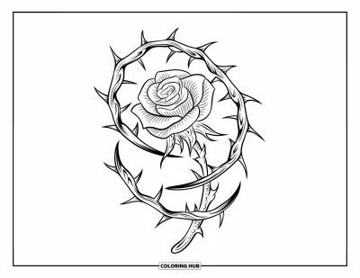 Rose Coloring Page for Adults: A blooming Gothic-style rose with sharp, spiraling thorns and a sturdy stem