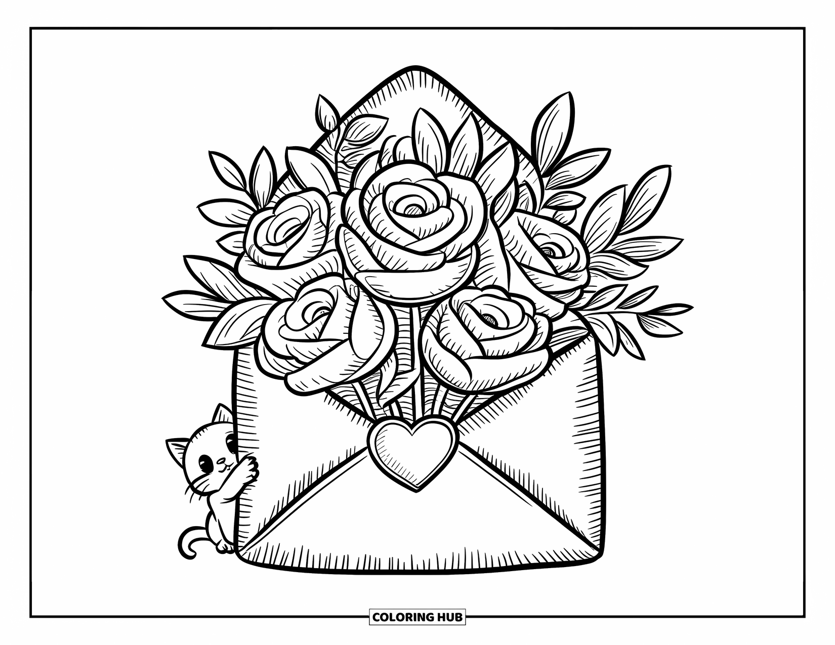 Desenho de rosa para colorir para adultos: Um buquê de rosas em um envelope selado com um coração, com um pequeno gatinho espiando por trás