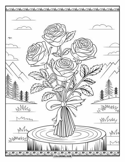 Rose Coloring Page for Adults: A bouquet of wild roses in a clear vase, wrapped with a soft, flowing ribbon