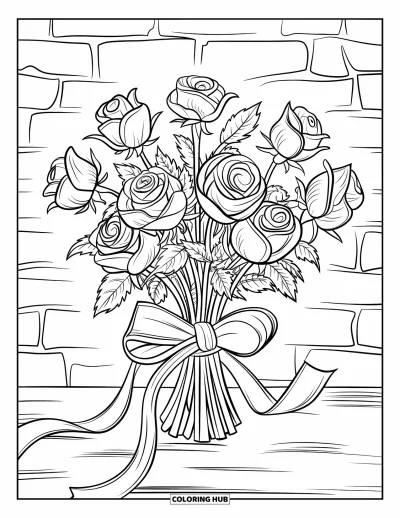 Rose Coloring Page for Adults: A bouquet of wild roses tied with an elegant ribbon, resting inside a vase