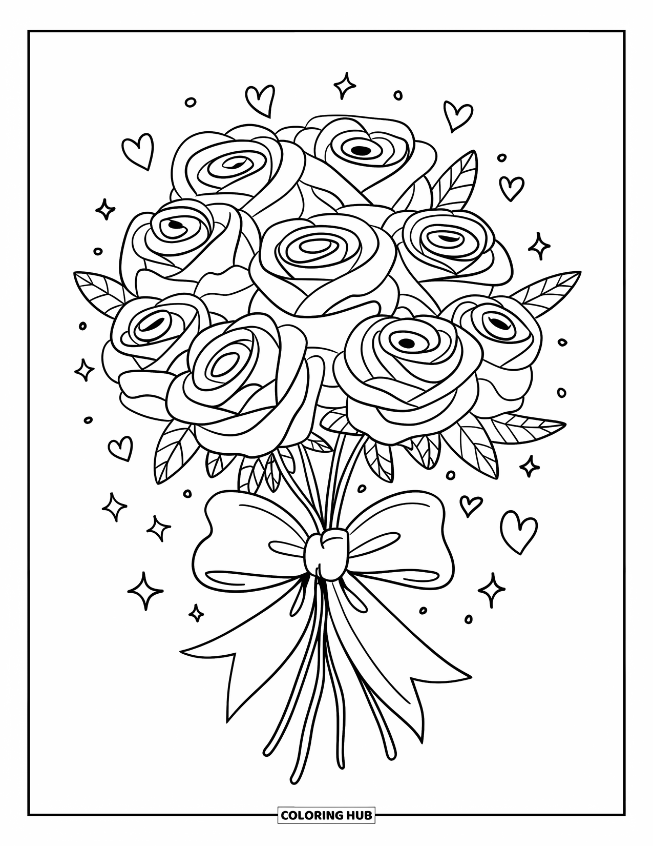 Desenho de rosa para colorir para adultos: Um monte de rosas feitas de balões, flutuando suavemente com um laço gigante