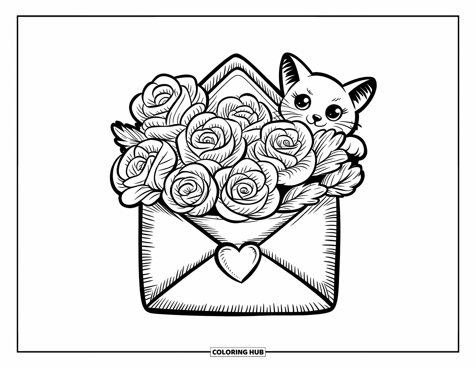 Desenho de rosa para colorir para adultos: Um feixe de rosas embrulhado em um envelope, selado com um coração, e um gatinho brincalhão por perto