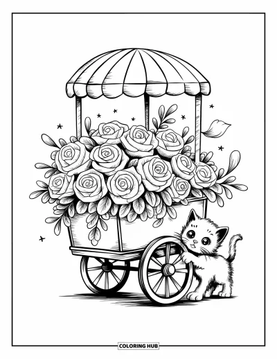 Rose Coloring Page for Adults: A candy-style cart carrying roses wrapped in big bows, with a kitten playing beside it