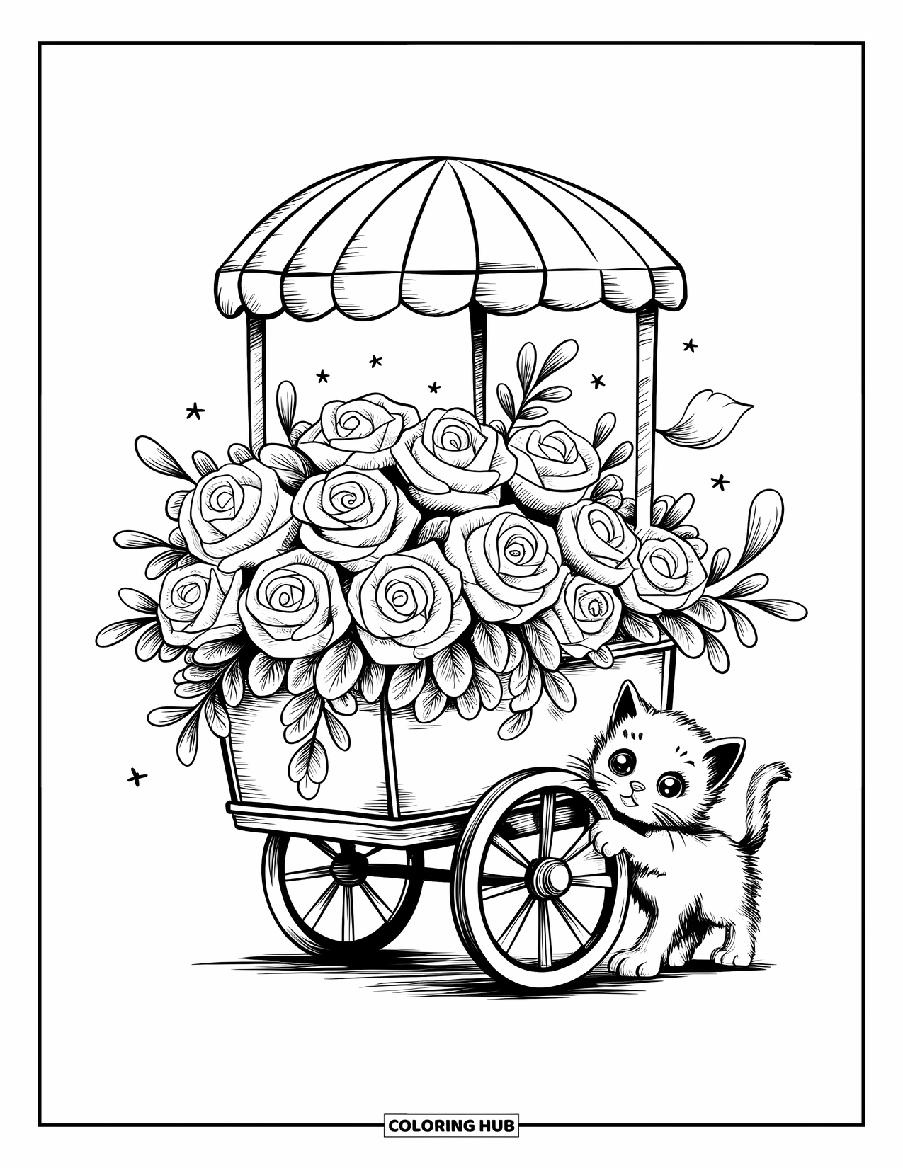 Desenho de rosa para colorir para adultos: Uma carroça estilo doce carregando rosas embrulhadas em grandes laços, com um gatinho brincando ao lado