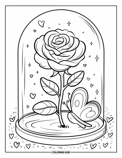 Rose Coloring Page for Adults: A charming rose under a glass dome, with a butterfly curiously peeking inside