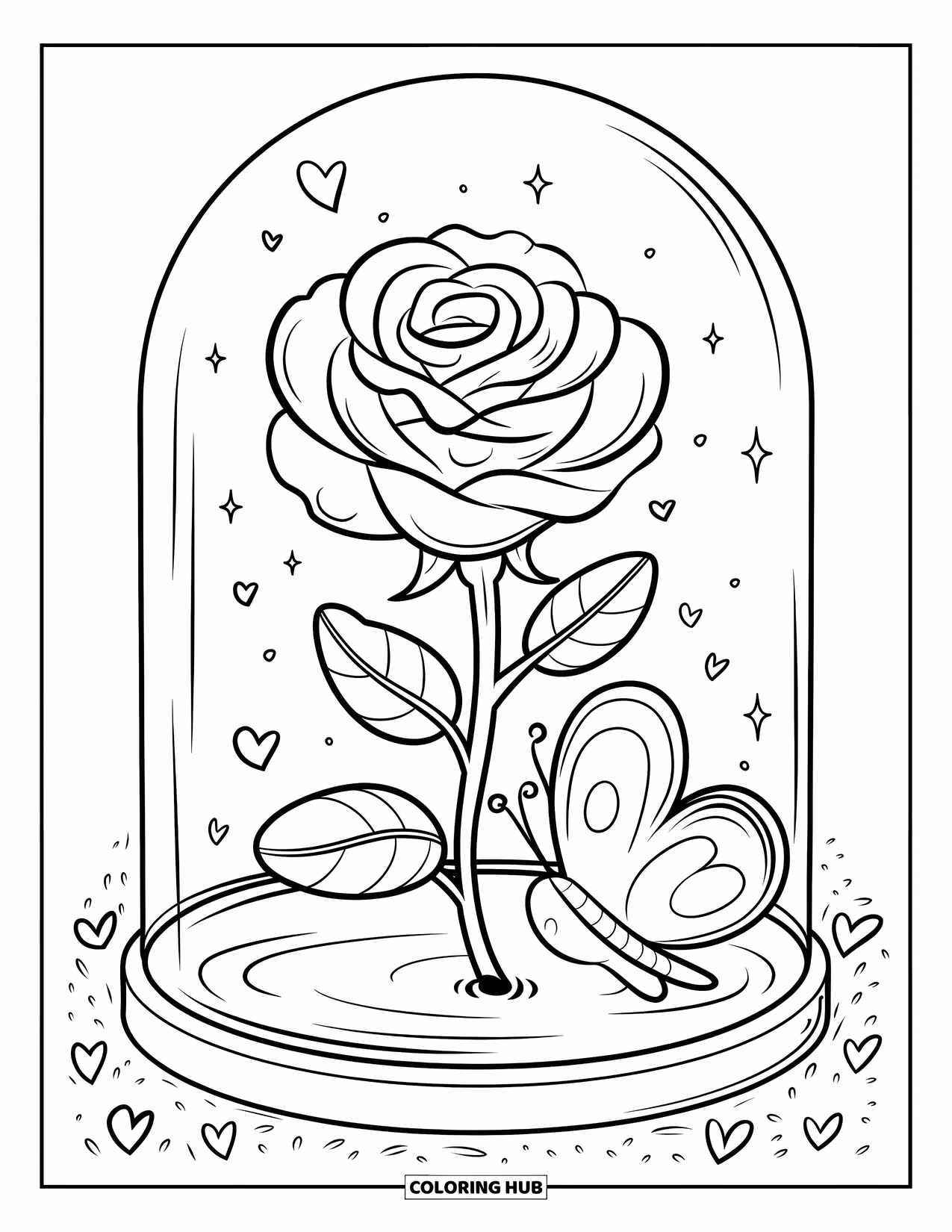 Desenho de rosa para colorir para adultos: Uma rosa charmosa sob uma redoma de vidro, com uma borboleta espiando curiosamente dentro