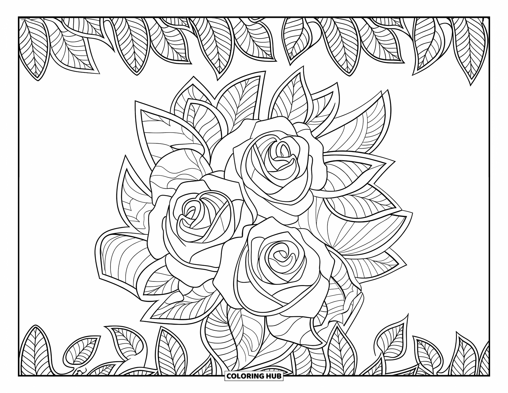 Desenho de rosa para colorir para adultos: Um padrão floral circular com rosas marcantes e folhas entrelaçadas, cercado por uma borda