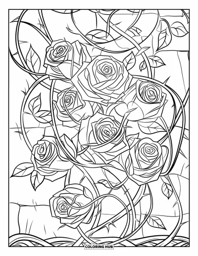 Rose Coloring Page for Adults: A cluster of roses with intertwining vines, forming a complex floral arrangement