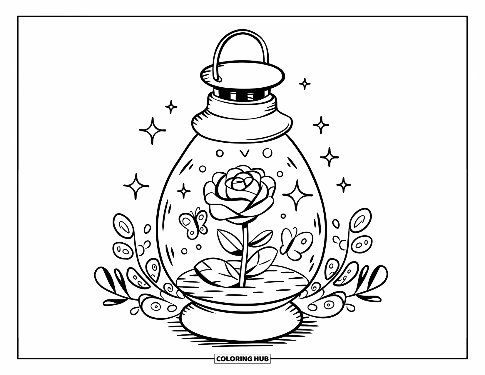 Desenho de rosa para colorir para adultos: Uma lanterna aconchegante com uma rosa fofa dentro, cercada por brilhos e uma borboleta esvoaçante