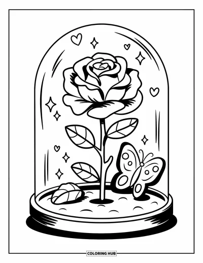 Rose Coloring Page for Adults: A cute rose inside a glass dome, surrounded by floating heart sparkles and a butterfly
