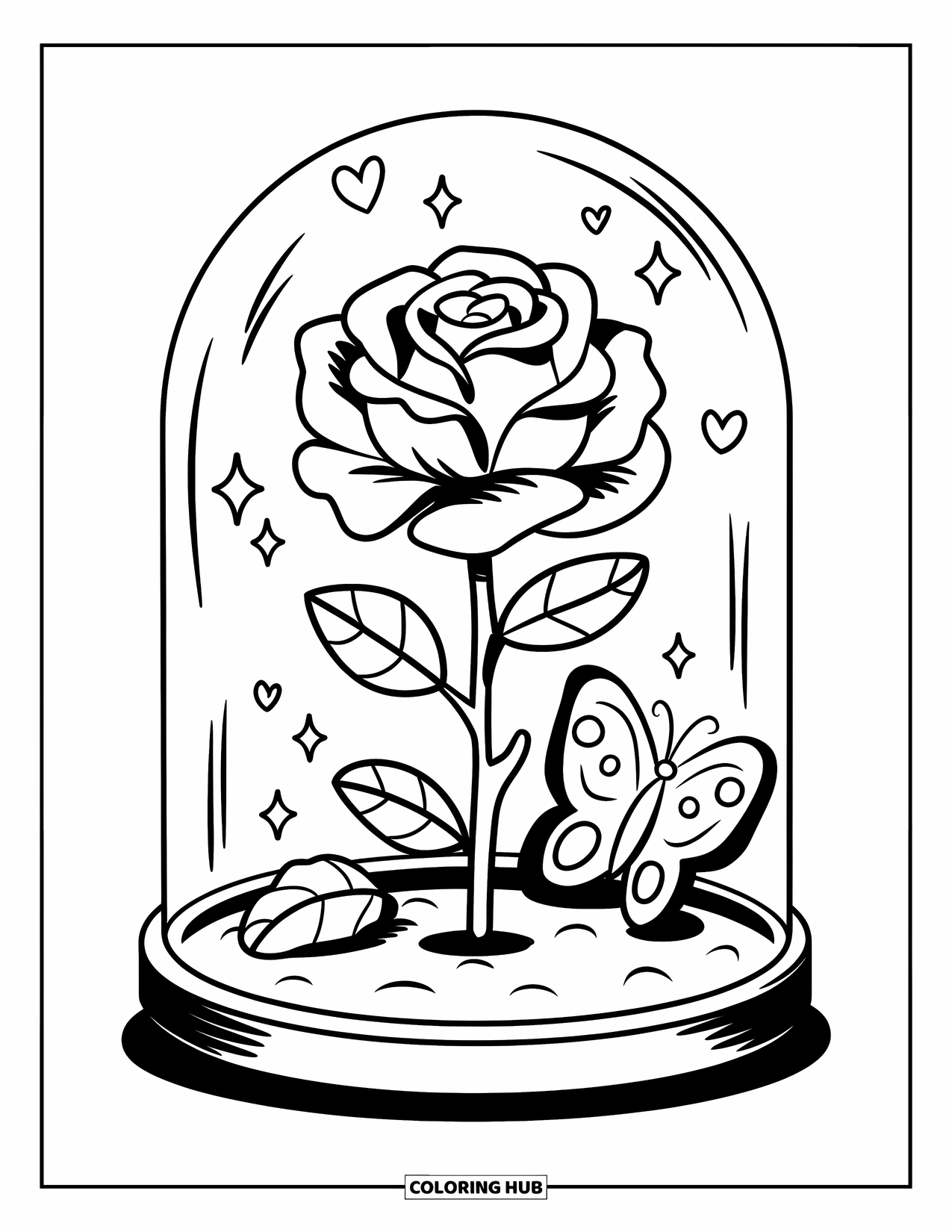 Desenho de rosa para colorir para adultos: Uma rosa fofa dentro de uma redoma de vidro, cercada por brilhos de coração flutuando e uma borboleta