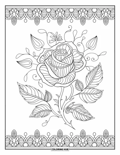 Rose Coloring Page for Adults: A delicate lace-patterned rose framed by artistic leaves and swirling tendrils