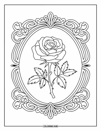 Rose Coloring Page for Adults: A delicate rose framed by an elegant Victorian-style pattern with swirling designs