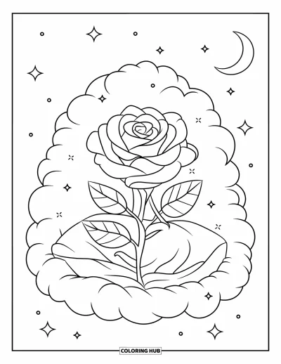Rose Coloring Page for Adults: A delicate rose nestled inside a soft cloud, with tiny floating sparkles around it