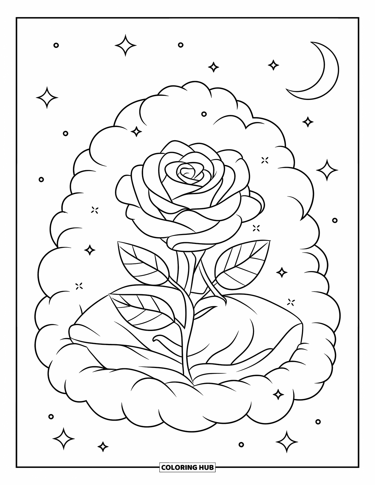 Desenho de rosa para colorir para adultos: Uma rosa delicada aninhada dentro de uma nuvem macia, com pequenos brilhos flutuando ao redor