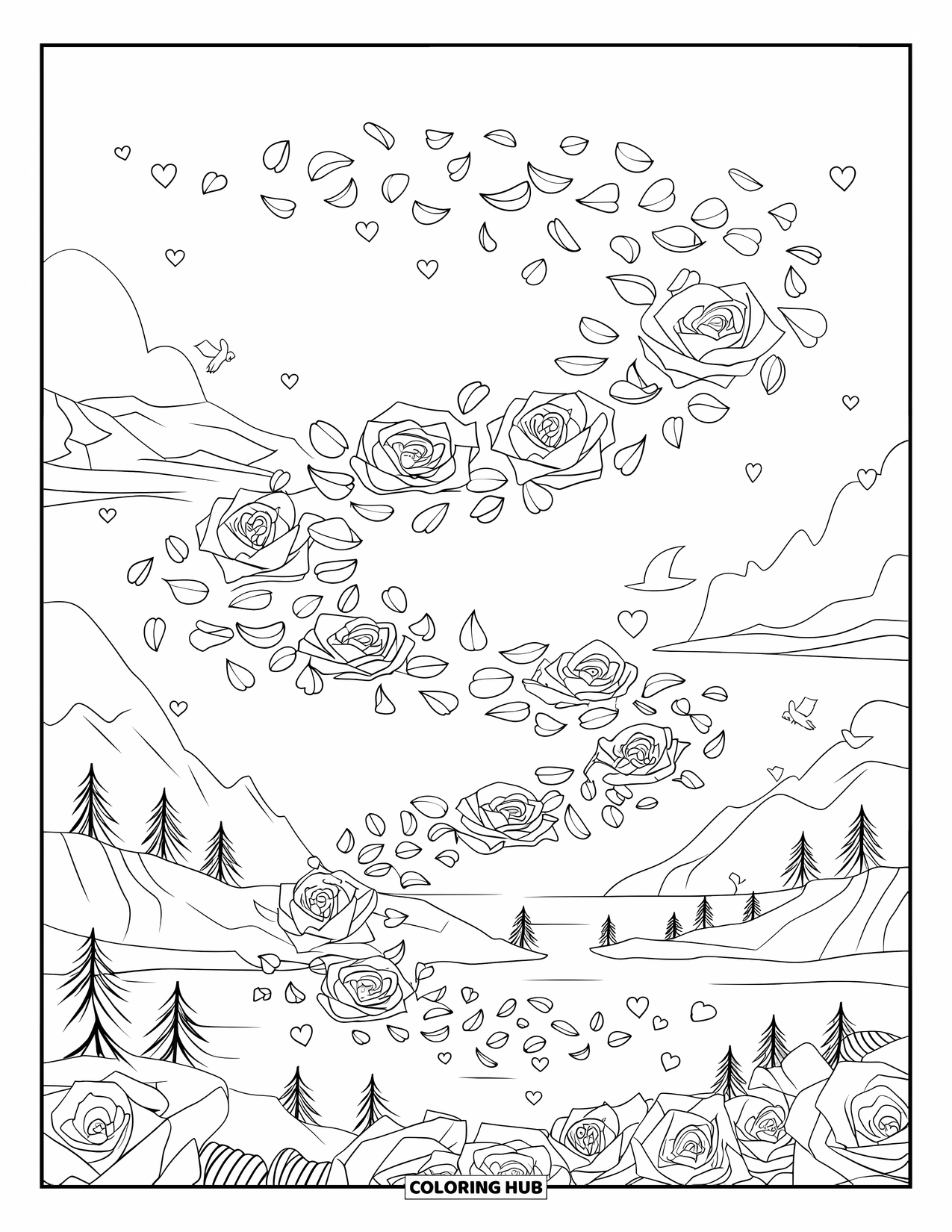 Desenho de rosa para colorir para adultos: Uma espiral sonhadora de pétalas de rosa flutuando em um ambiente natural tranquilo