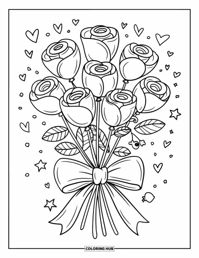 Rose Coloring Page for Adults: A floating bouquet of balloon roses, tied with a giant bow and surrounded by stars