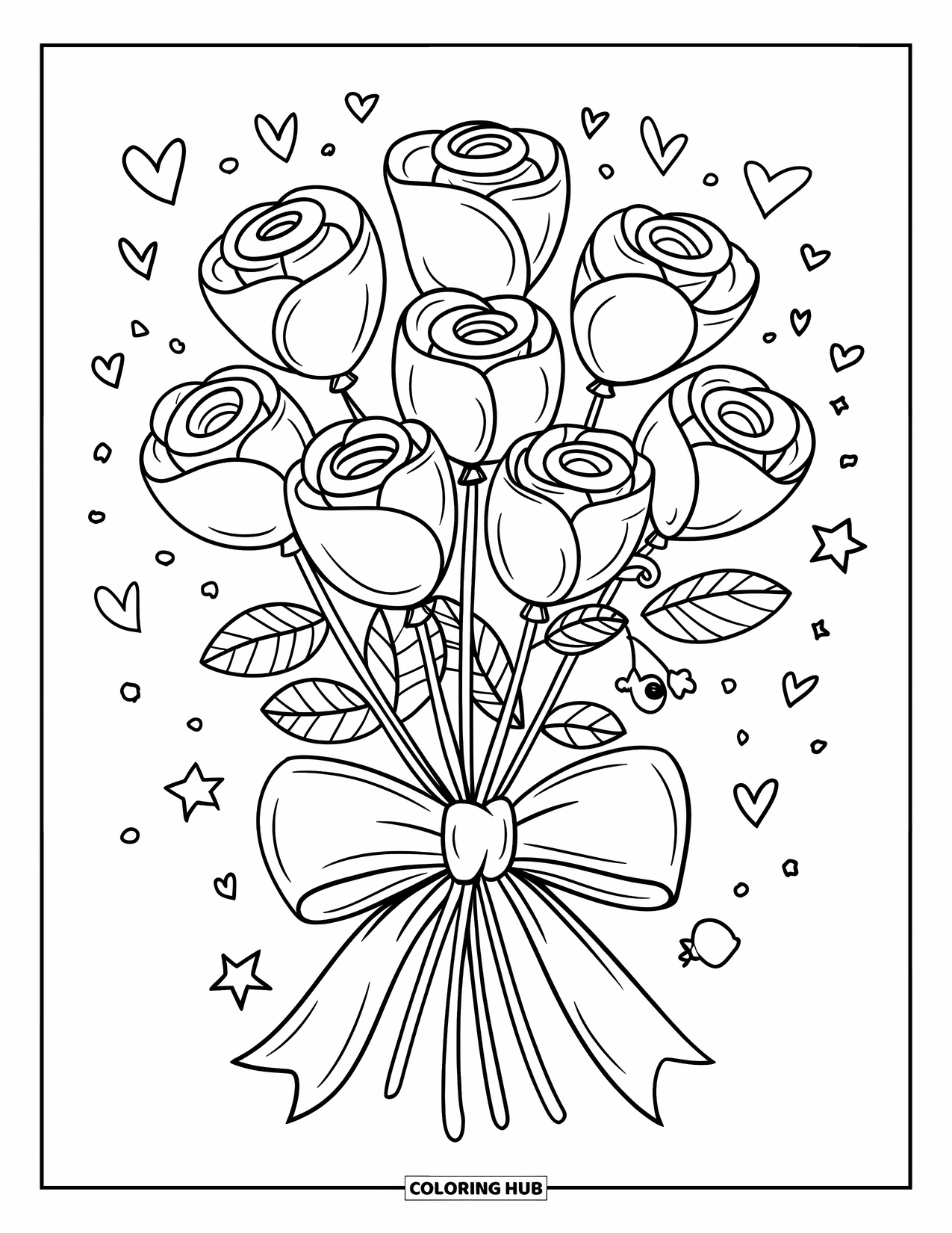 Desenho de rosa para colorir para adultos: Um buquê flutuante de rosas de balão, amarrado com um laço gigante e cercado por estrelas