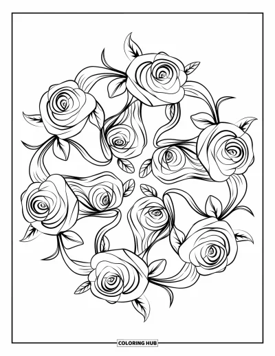 Rose Coloring Page for Adults: A floral mandala featuring roses and leaves, forming a balanced, circular pattern