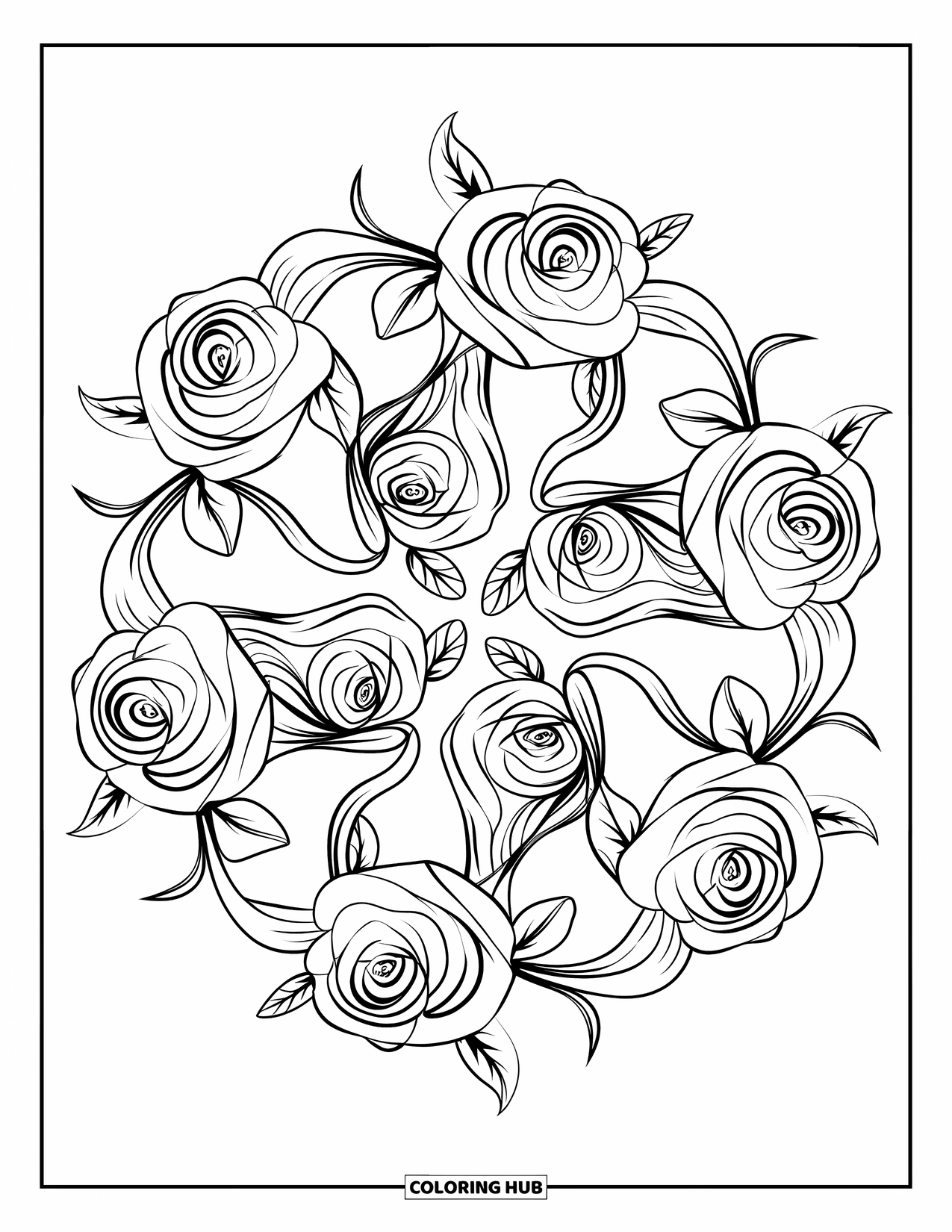 Desenho de rosa para colorir para adultos: Uma mandala floral com rosas e folhas, formando um padrão circular equilibrado