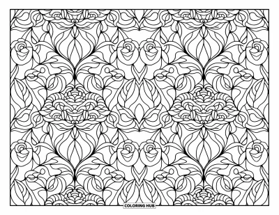 Rose Coloring Page for Adults: A floral tapestry of roses and leaves, arranged in a repeating layered pattern