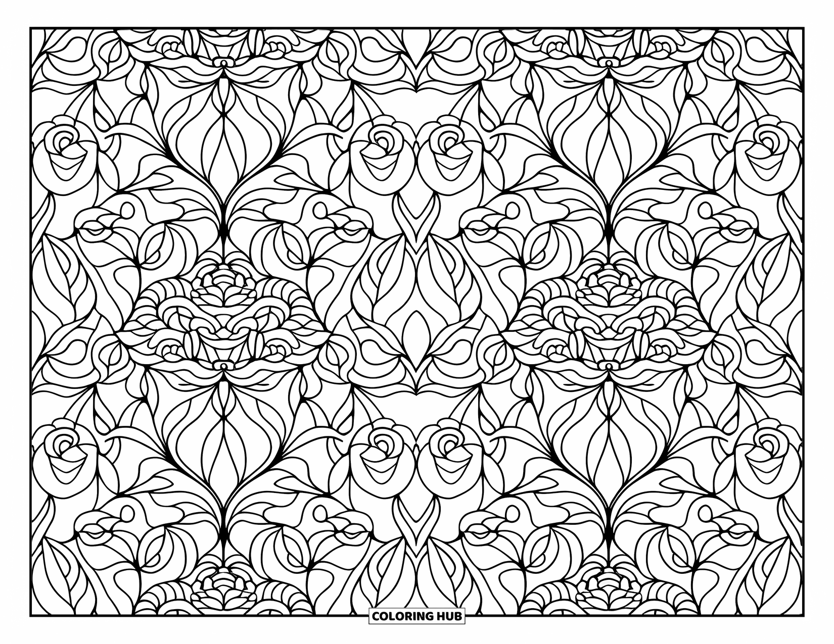 Desenho de rosa para colorir para adultos: Uma tapeçaria floral de rosas e folhas, dispostas em um padrão repetitivo em camadas