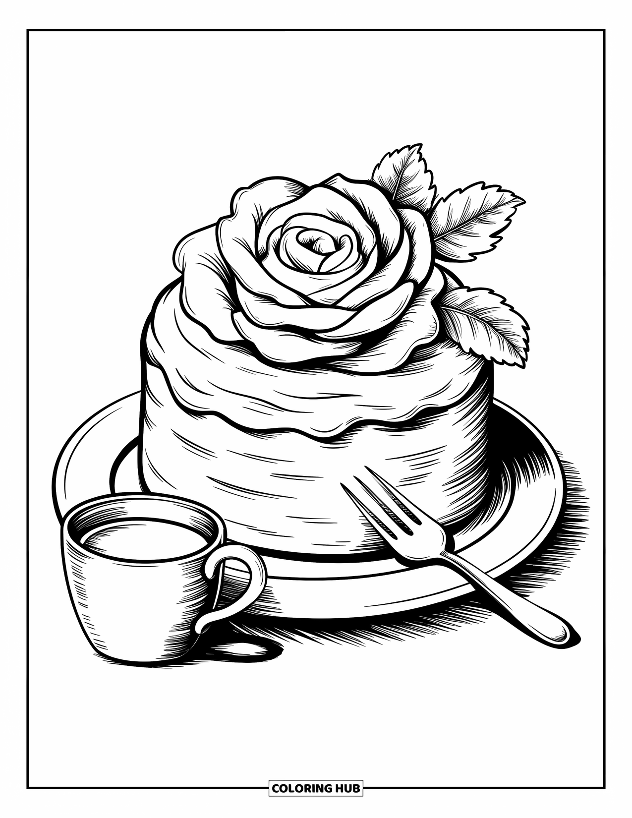 Desenho de rosa para colorir para adultos: Um bolo de rosa fofa com cobertura macia, servido com leite morno e um pequeno garfo