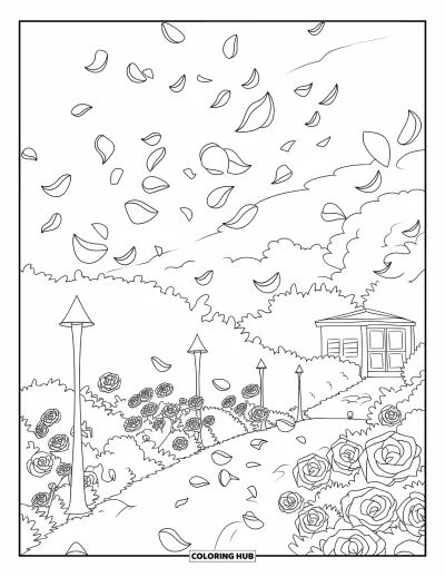 Rose Coloring Page for Adults: A garden pathway with rose petals floating through the air in a peaceful setting