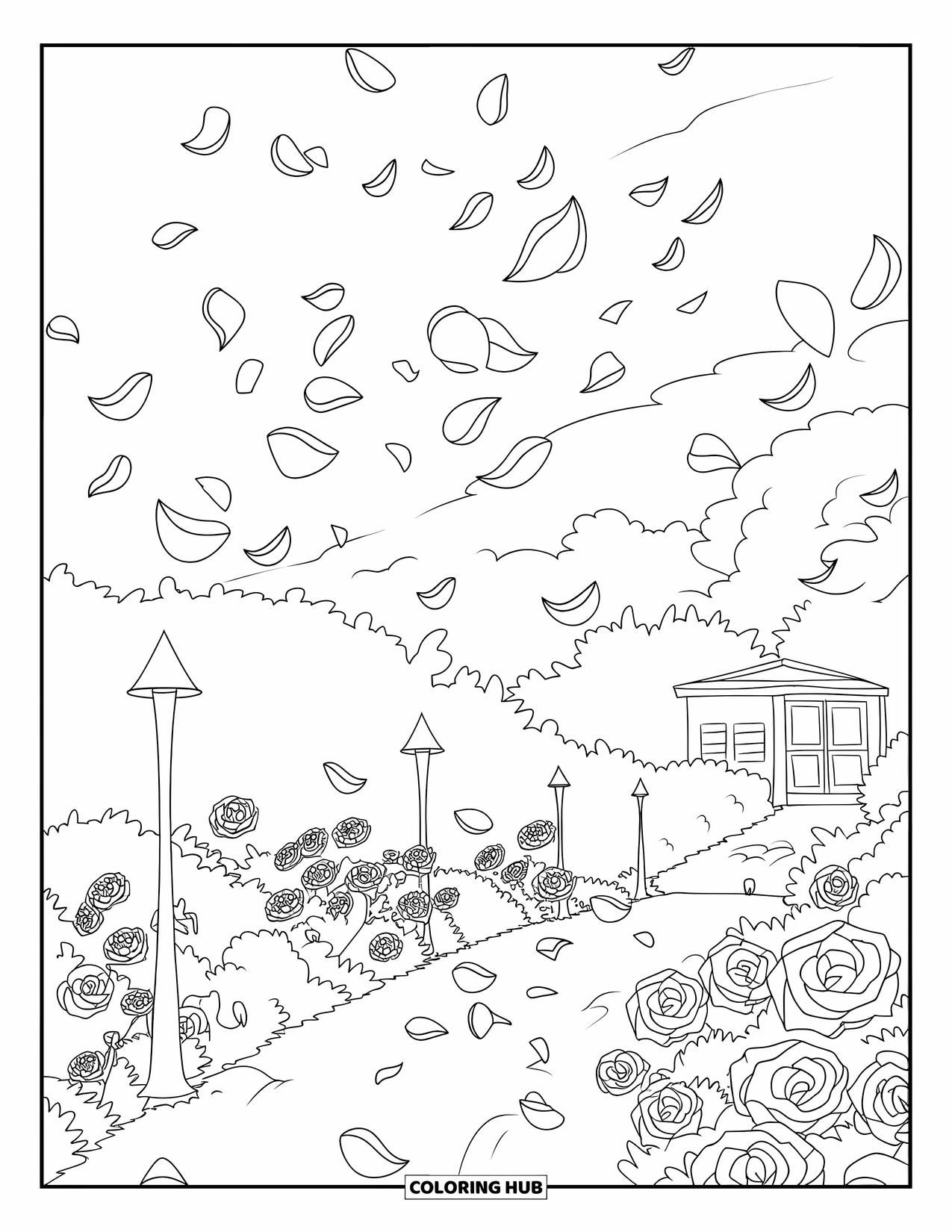 Desenho de rosa para colorir para adultos: Um caminho de jardim com pétalas de rosa flutuando no ar em um ambiente tranquilo