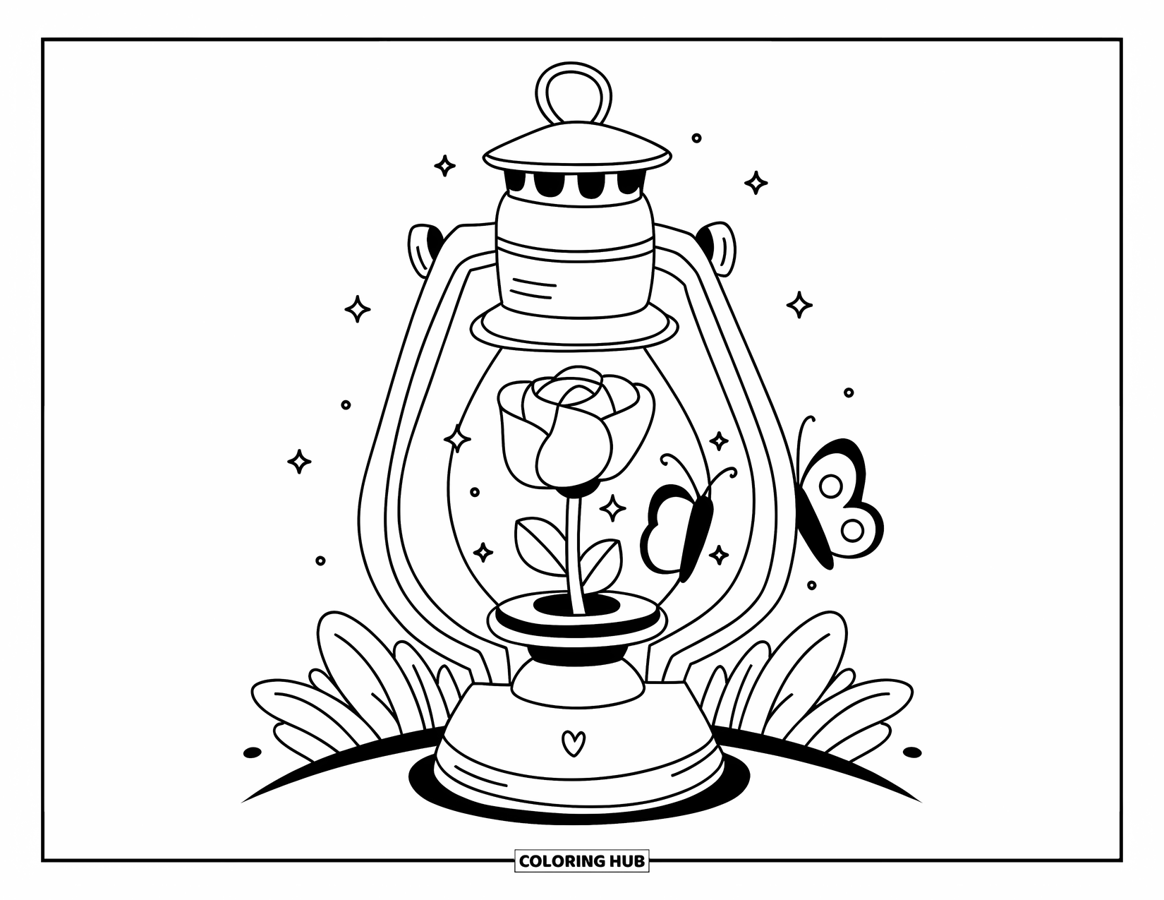 Desenho de rosa para colorir para adultos: Uma lanterna brilhante com uma rosa fofa dentro, com uma borboleta espiando perto da entrada
