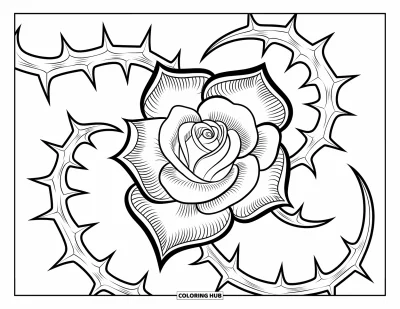 Rose Coloring Page for Adults: A Gothic-style rose with curling thorns, creating an elegant and intricate design
