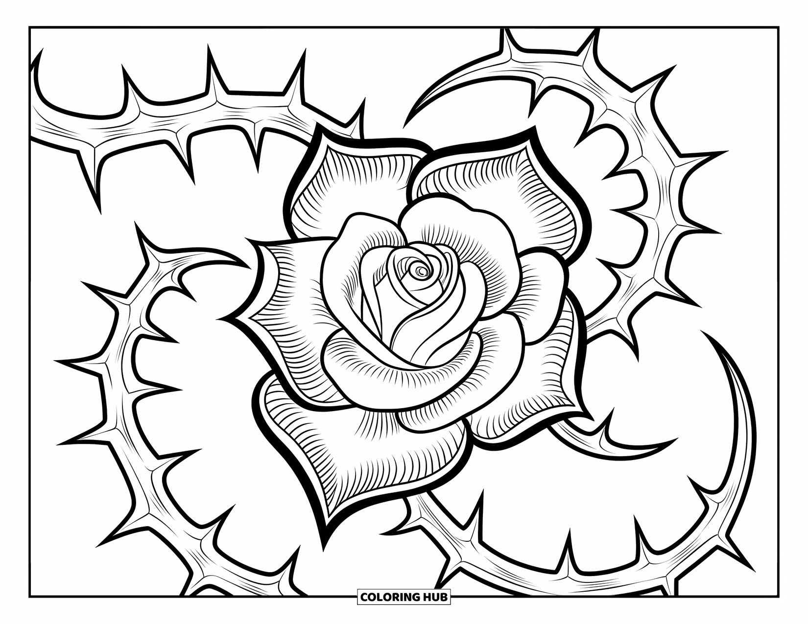 Desenho de rosa para colorir para adultos: Uma rosa em estilo gótico com espinhos encaracolados, criando um design elegante e intrincado