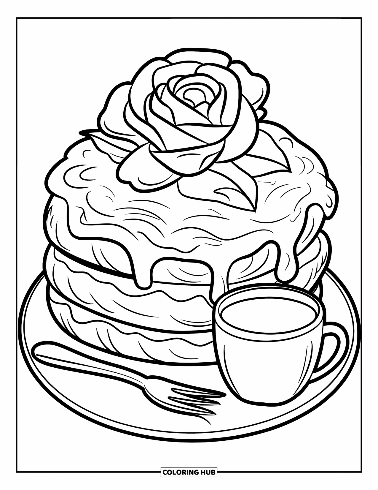 Desenho de rosa para colorir para adultos: Um bolo estilo kawaii com uma rosa fofa, leite morno e um pequeno garfo ao lado