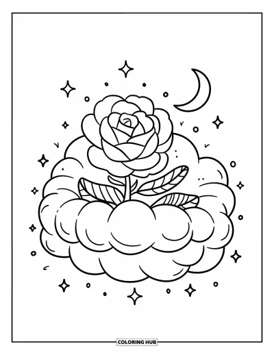 Rose Coloring Page for Adults: A kawaii-style rose tucked inside a small cloud, with sparkles and a glowing moon