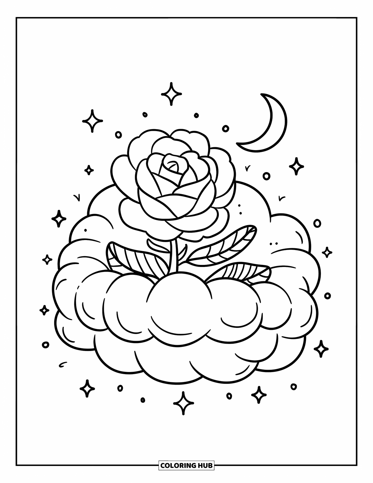 Desenho de rosa para colorir para adultos: Uma rosa estilo kawaii escondida dentro de uma pequena nuvem, com brilhos e uma lua brilhante