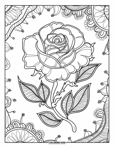 Rose Coloring Page for Adults: A lace-inspired rose design with delicate swirls and tiny floral details