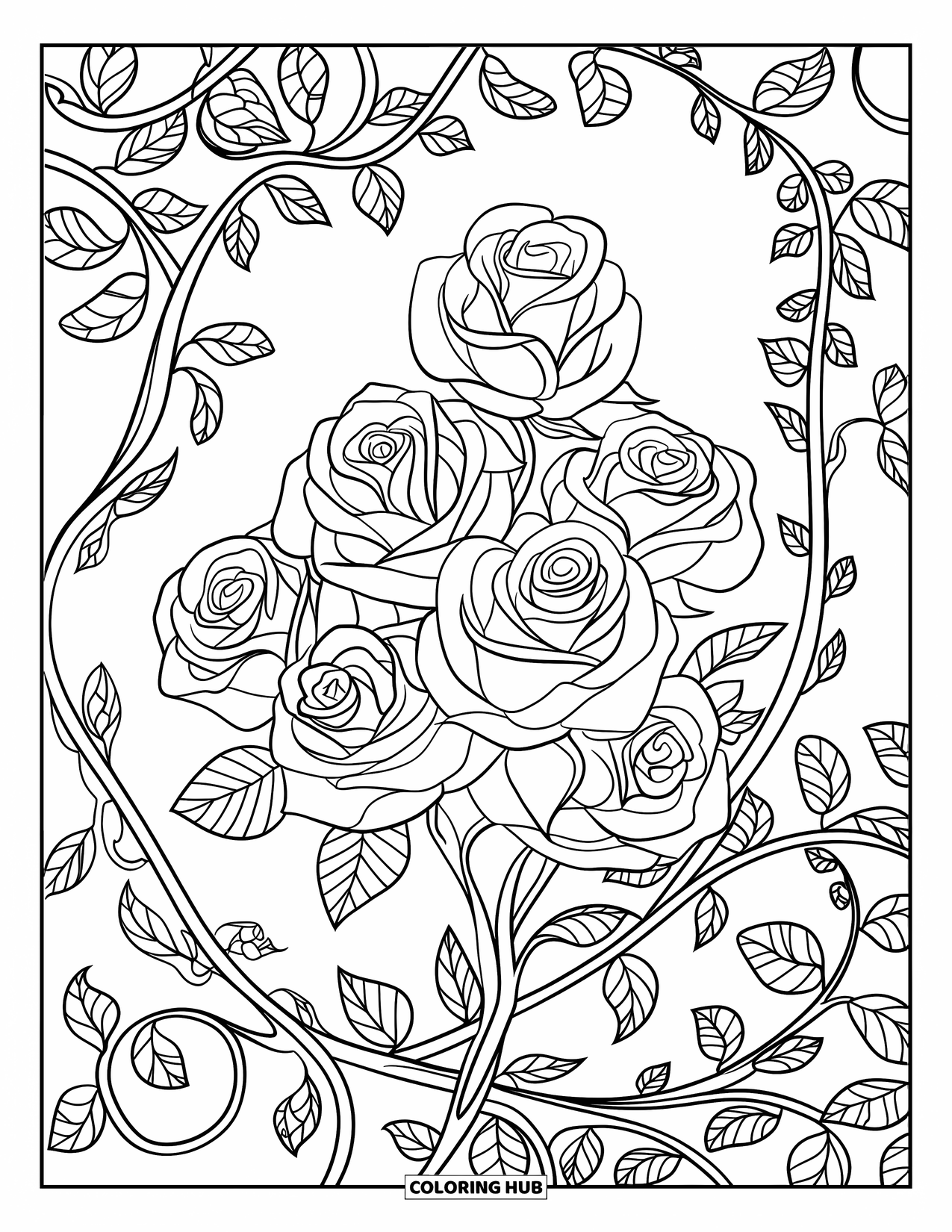 Desenho de rosa para colorir para adultos: Um padrão floral semelhante a renda com rosas marcantes e trepadeiras torcidas se estendendo para fora