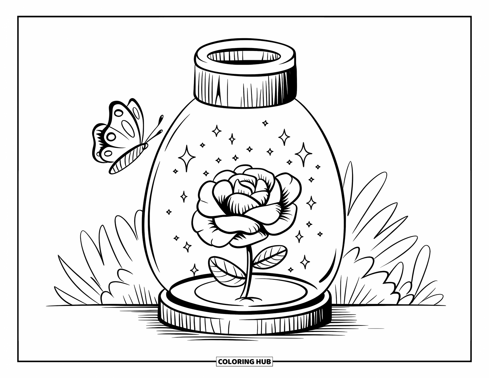 Desenho de rosa para colorir para adultos: Uma lanterna apoiada em uma base de madeira, segurando uma rosa fofa e cercada por brilhos