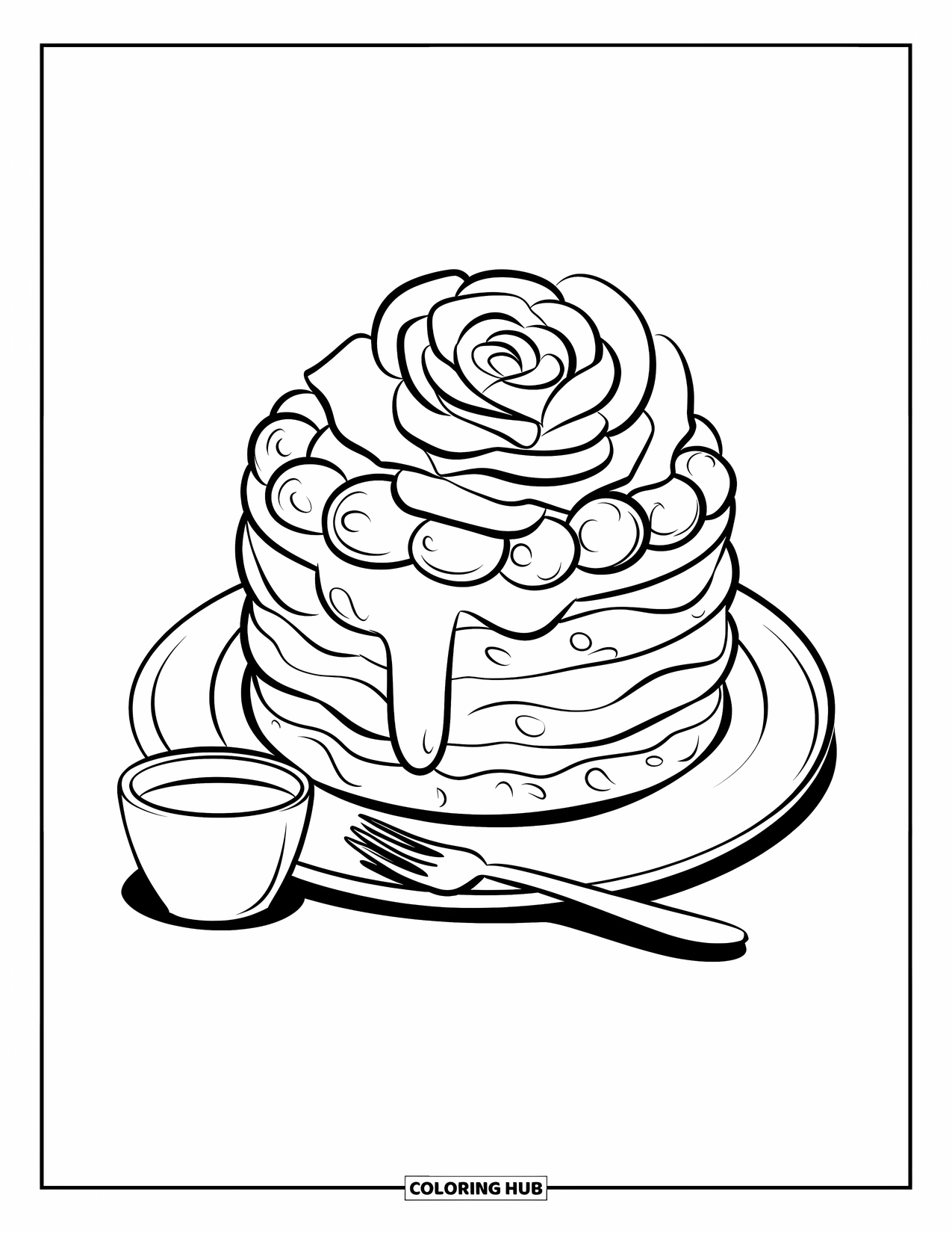 Desenho de rosa para colorir para adultos: Um bolo em camadas com uma rosa fofa em cima, colocado ao lado de uma xícara de leite morno