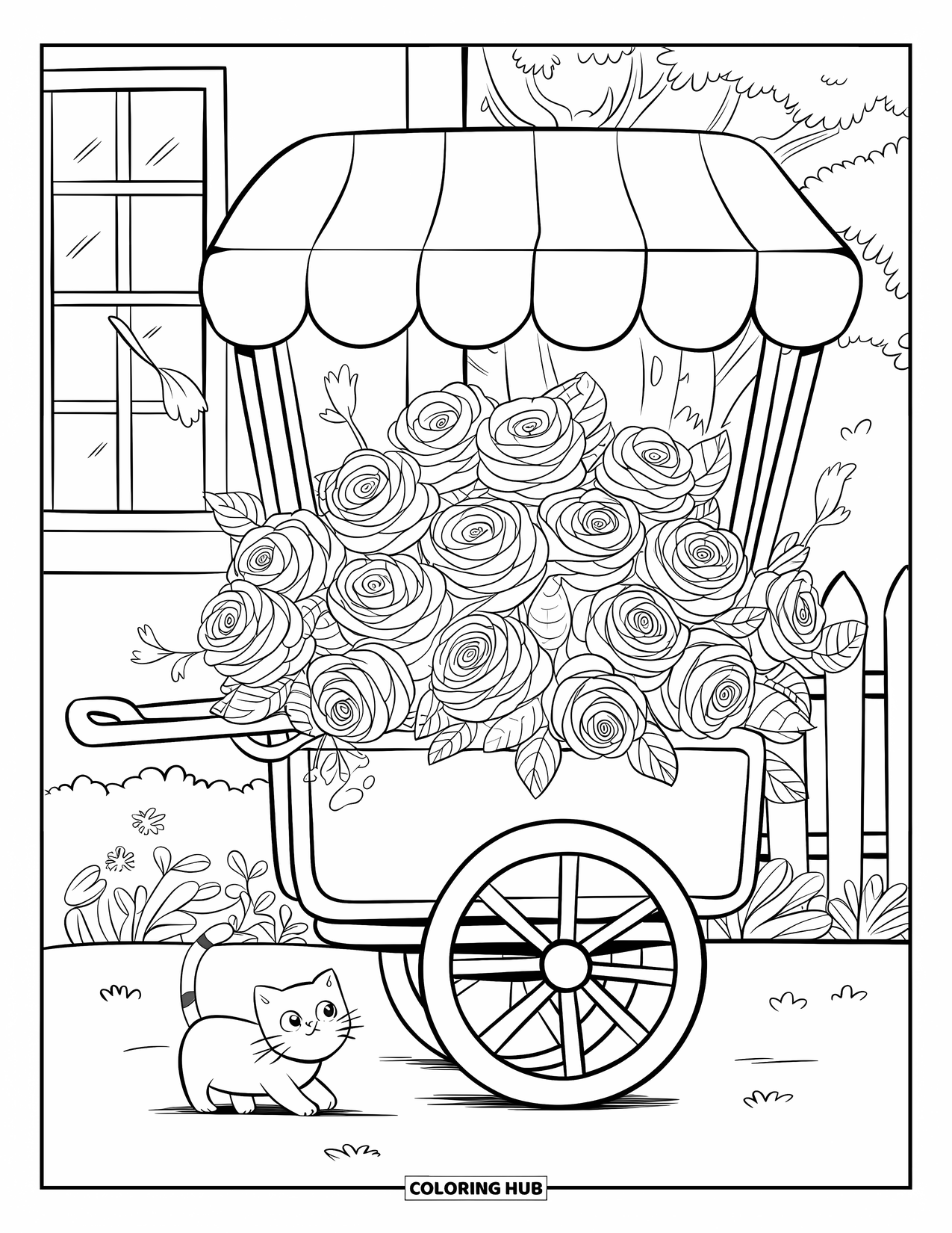 Desenho de rosa para colorir para adultos: Uma carroça de doces cheia de rosas perto de um prédio, com um gatinho tocando curiosamente sua roda