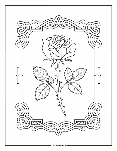 Rose Coloring Page for Adults: A single rose enclosed in an ornate Victorian-style frame with intricate details