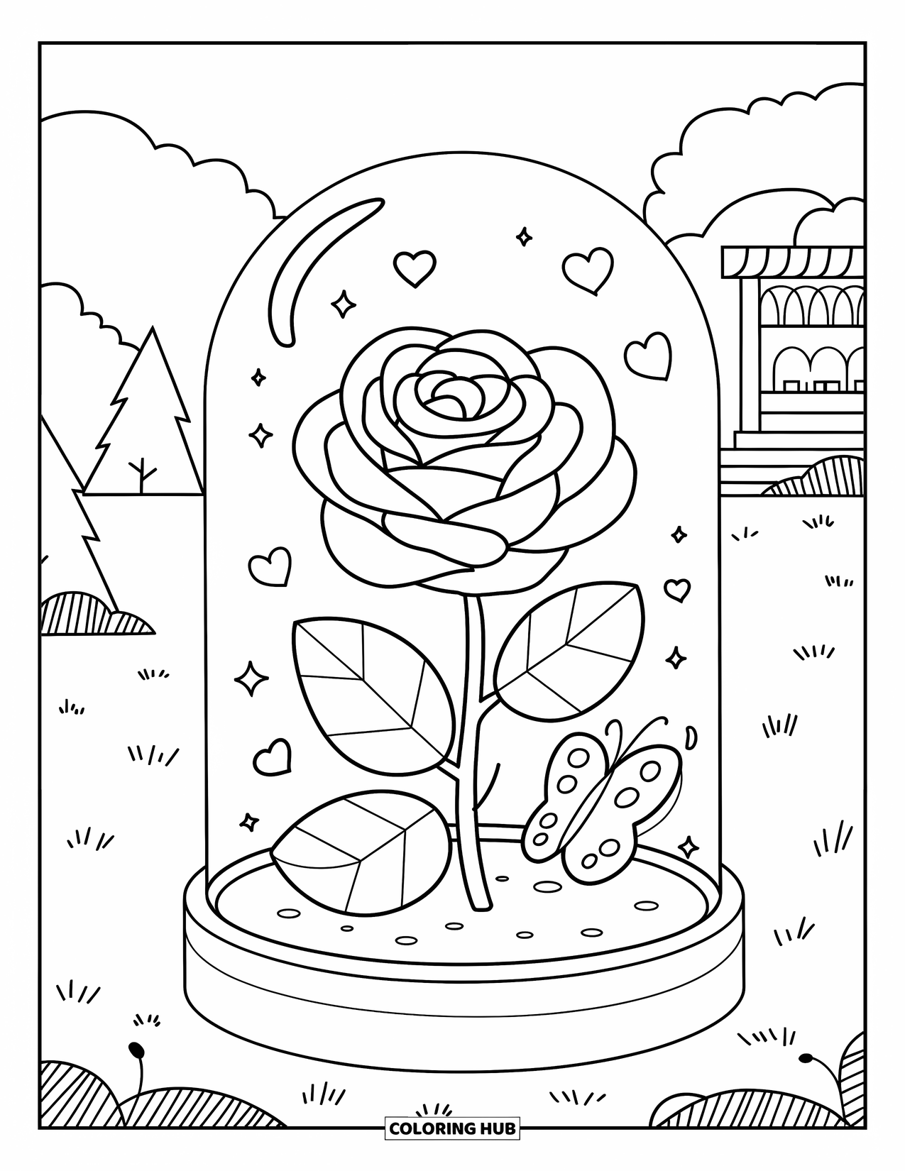 Desenho de rosa para colorir para adultos: Uma pequena rosa em uma redoma, com uma borboleta do lado de fora e brilhos de coração flutuando ao redor