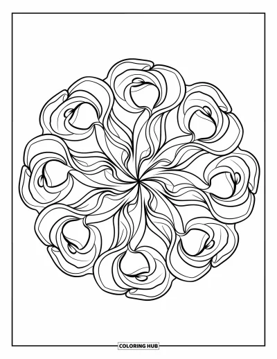 Rose Coloring Page for Adults: A swirling mandala with multiple roses, arranged in a symmetrical floral design