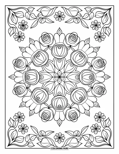 Rose Coloring Page for Adults: A symmetrical floral mandala with roses at its core, surrounded by elegant patterns